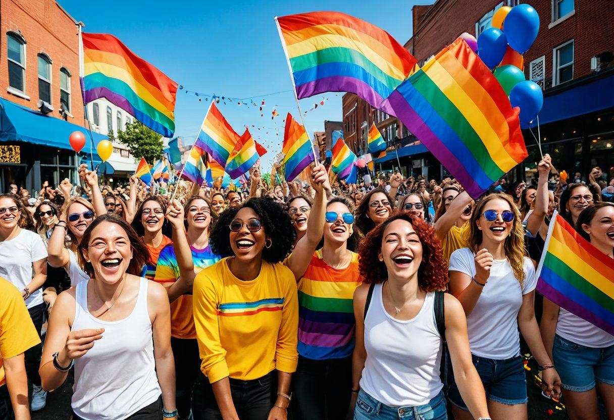 A vibrant and colorful scene filled with diverse individuals from the LGBTQ+ community joyfully celebrating. Include rainbow flags, confetti, and balloons in the background, symbolizing pride and unity. Feature various activities like a parade, art displays, and community gatherings, showcasing highlights and achievements. Add a warm sun setting in a clear blue sky to enhance the joyful atmosphere. bright colors. 3D.