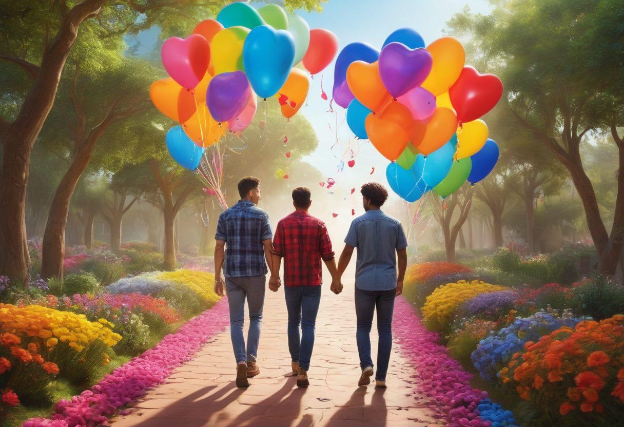 A vibrant landscape depicting diverse transmen on a joyful journey, walking along a colorful path that symbolizes growth and self-discovery. Incorporate various gender identity symbols and representations of support, such as rainbow flags and heart-shaped balloons. The scene is filled with bright, uplifting colors and expressions of happiness and acceptance. super-realistic. vibrant colors. outdoor setting.