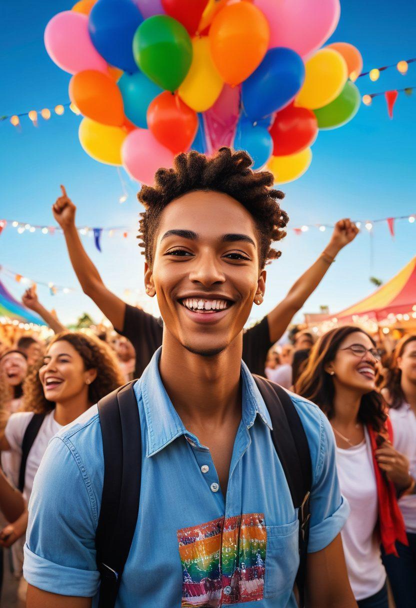 A celebratory scene featuring diverse transmen voices gathered in a vibrant community setting, with colorful banners displaying symbols of pride, inclusion, and empowerment. The expressions of happiness and unity among individuals are highlighted, showcasing a joyful atmosphere filled with music and art, symbolizing the LGBTQ+ spirit. In the background, balloons and fairy lights twinkle under a blue sky, enhancing the festive vibe. super-realistic. vibrant colors. warm lighting.